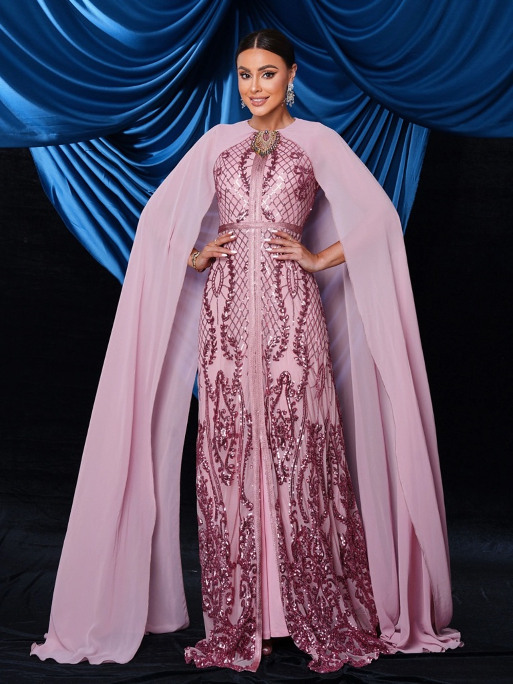 Embellished Dusty Pink Sequin Cape Prom Dress